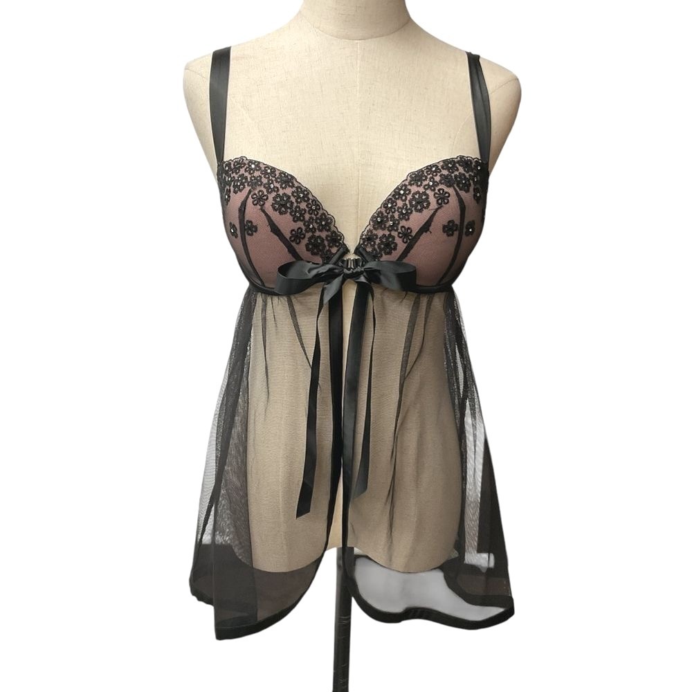 Victoria's Secret Underwire Bra Babydoll Chemise Tie Front Sheer Black 34D